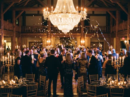 New Year's Eve gala under a large chandelier, streamers in the air above a dressed ballroom